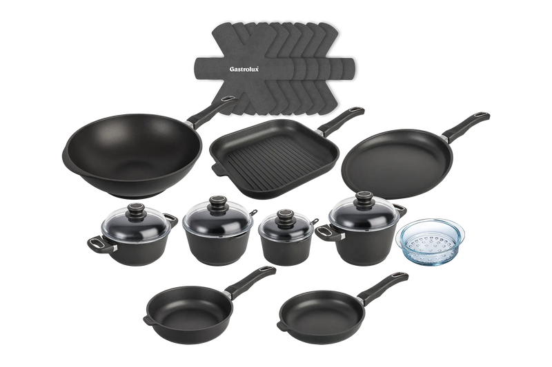 Kit Ultra Poele Sauteuse Cocotte Casserole Faitout Panier Vapeur Wok Crepiere Grill Separateur haut de gamme induction gastrolux
